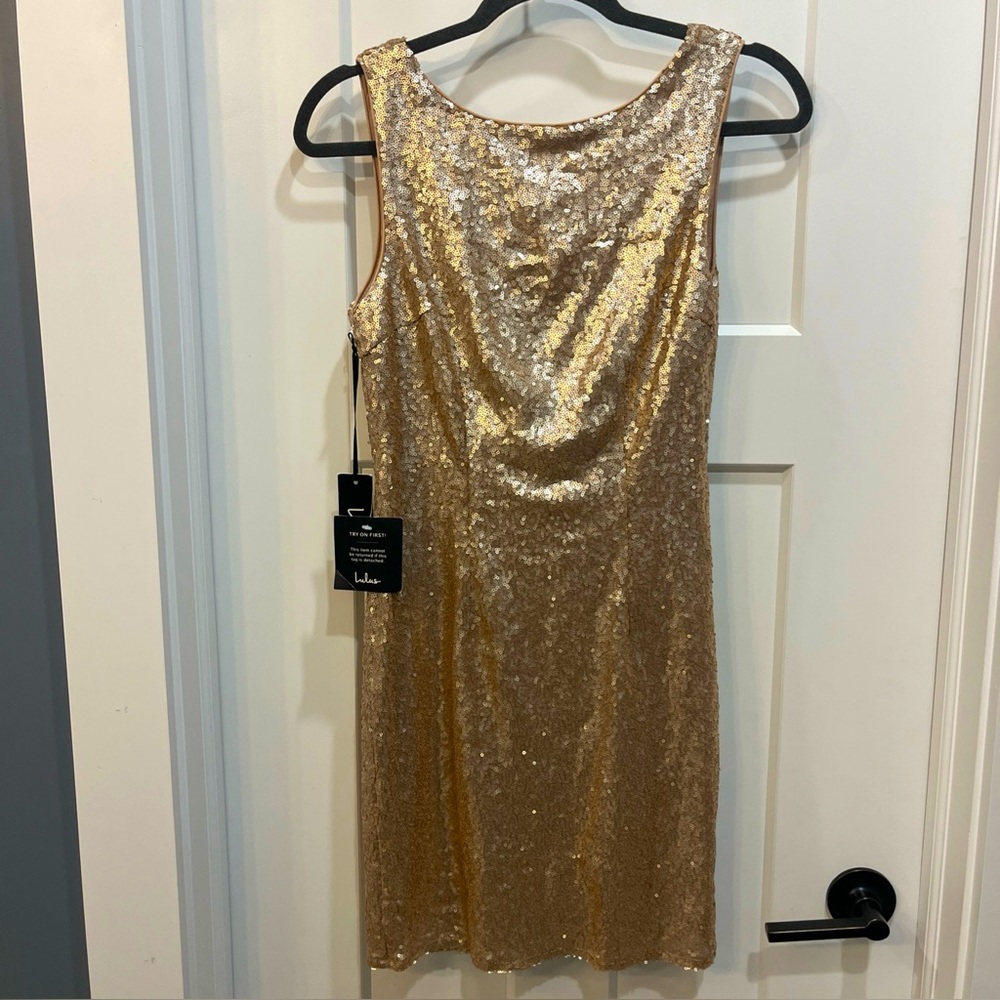 LuLu’s Sequined Shimmer Timeless Classic Cowl Draped Back Dress Women’s Size M